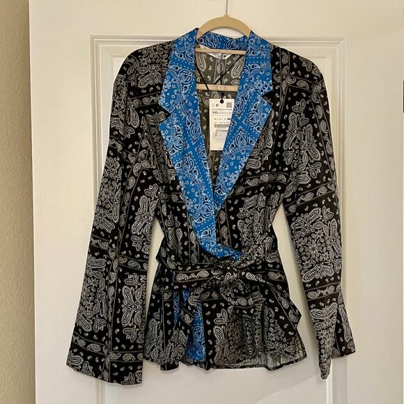 Zara Paisley Bandana Print Wrap Shirt Jacket with Belt, Navy Blue - Picture 1 of 4